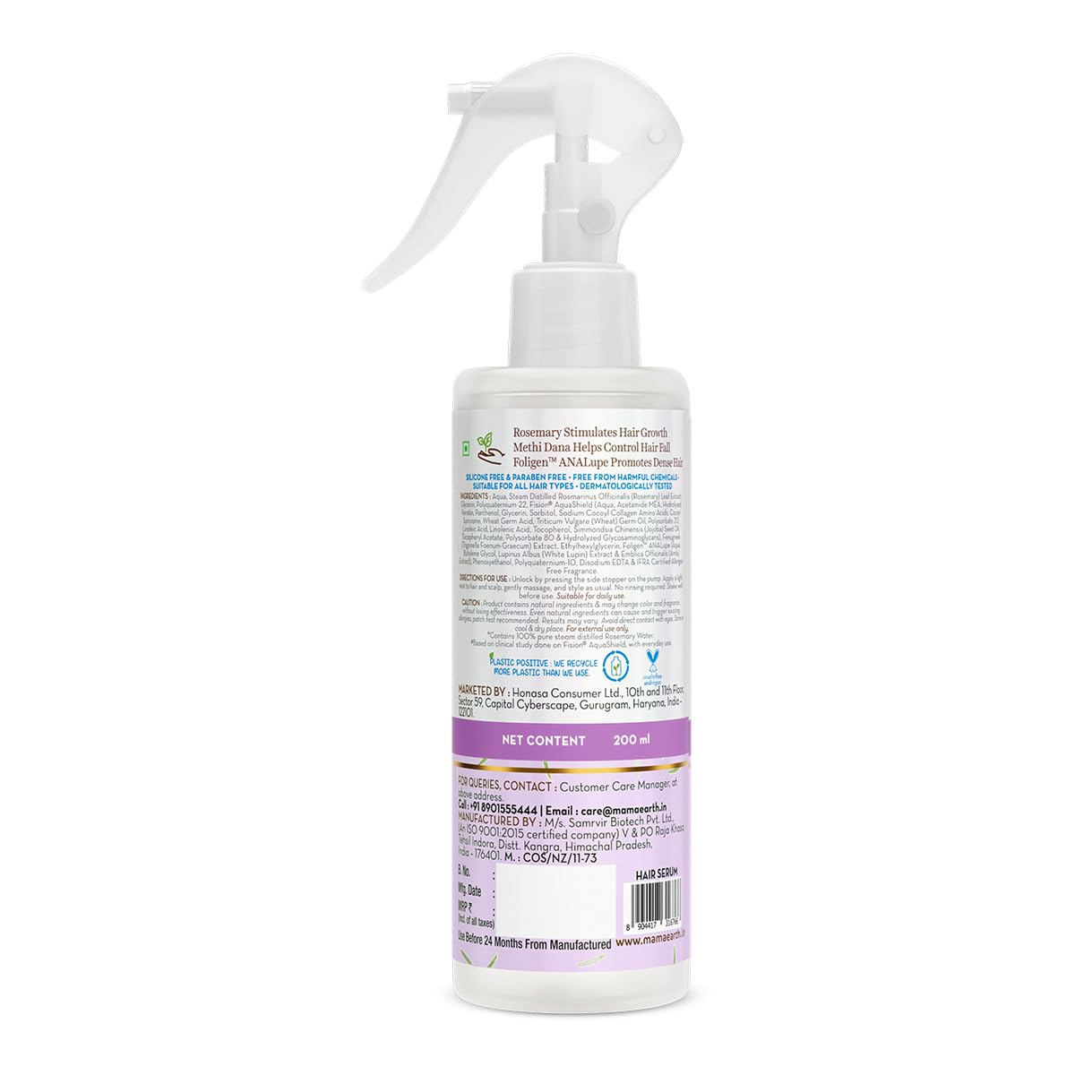 Mamaearth Rosemary Water Anti-Hair Fall Spray with 100% Pure Rosemary Water & Methi Dana | For Hair Growth | Stronger & Denser Hair | 24-H Frizz Control | Folligen ANALupe, Fision Aquashield | Shiny & Smooth Hair | 200 ml