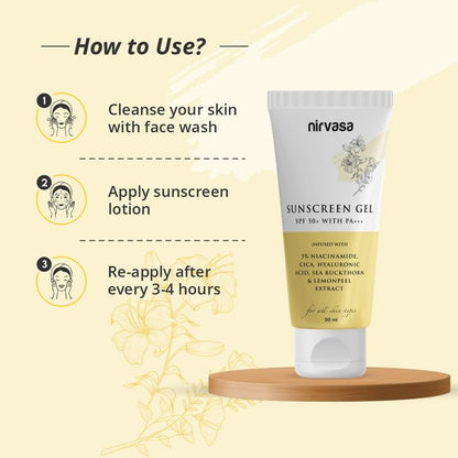 Nirvasa SPF50+ Sunscreen Gel (50ml) with 5% Niacinamide | Broad Spectrum UVA/UVB Protection, PA+++ | Lightweight, Non-Greasy, No White Cast | Hydrates, Brightens & Protects Skin | For All Skin