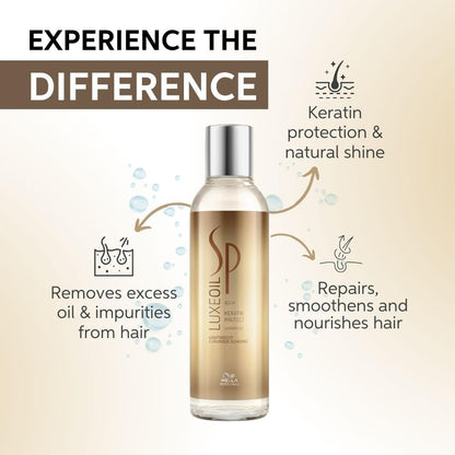 SP Luxe Oil hair product with text highlighting benefits on a beige background