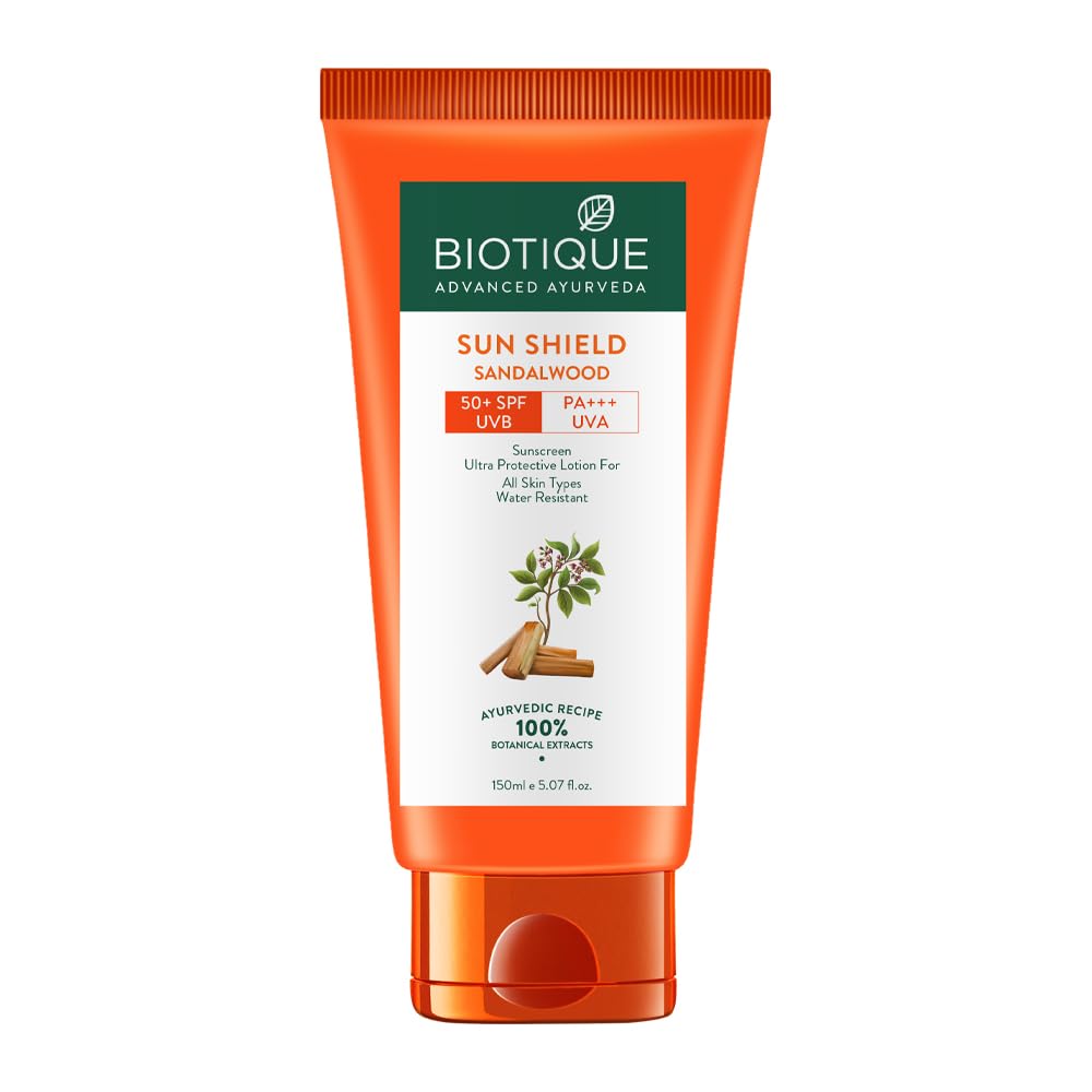 Biotique Sun Shield Sandalwood sunscreen tube on a white background
