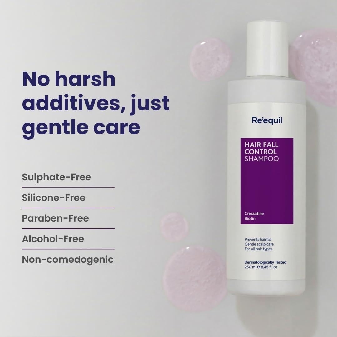 Shampoo bottle with 'Re'equil' branding on a light gray background with text about product features.