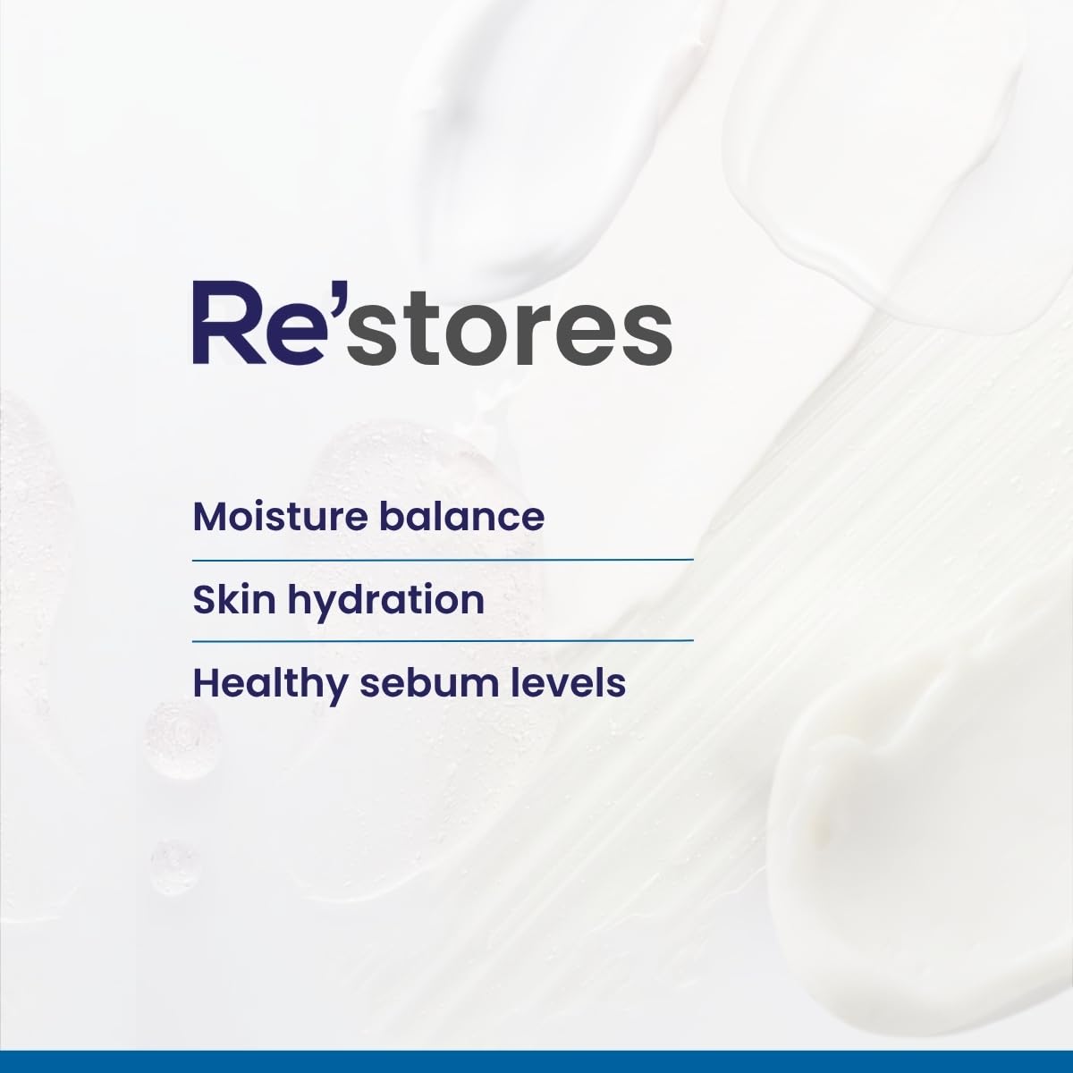Product packaging with 'Re'stores' branding and text about moisture balance, skin hydration, and healthy sebum levels.