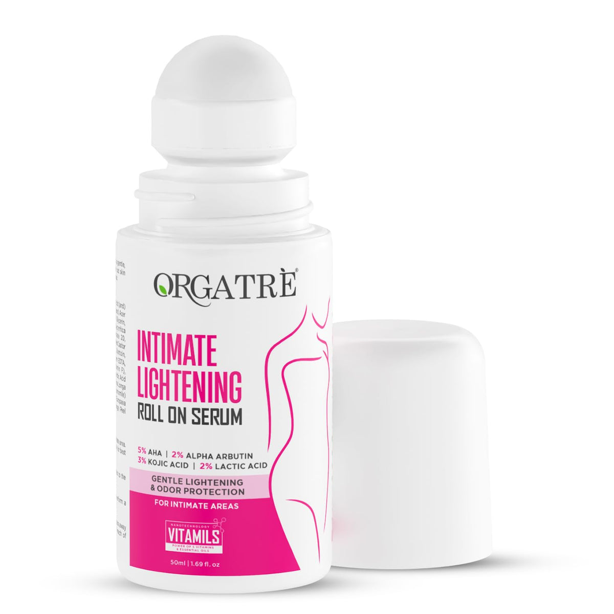 Orgatré Intimate Lightening Roll On Serum bottle on a white background