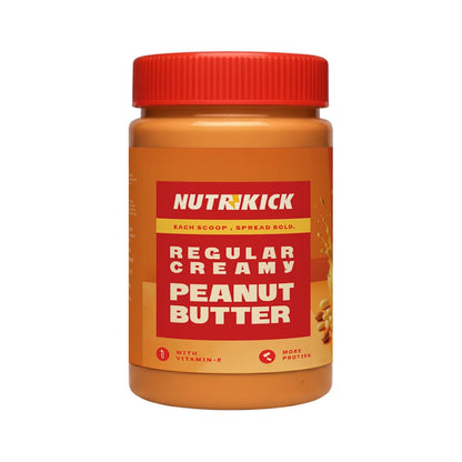NUTRIKICK Regular Creamy Peanut Butter | High Protein Nut Spread with Vitamin E | Made with Roasted Peanuts | Healthy Breakfast Food for Gym, Kids & Weight Management