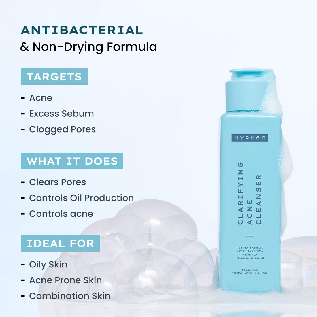 Hyphen Clarifying Acne Cleanser bottle with product features on a light blue background