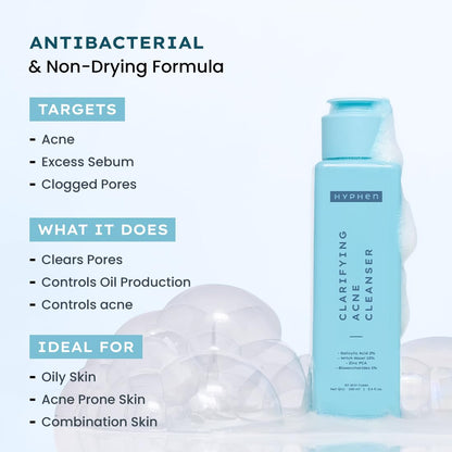 Hyphen Clarifying Acne Cleanser bottle with product features on a light blue background