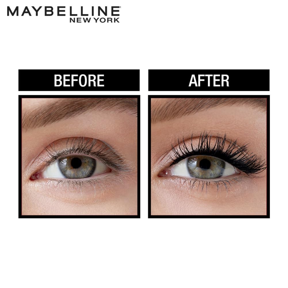 Before and after comparison of an eye with Maybelline New York mascara.