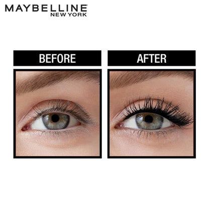 Before and after comparison of an eye with Maybelline New York mascara.