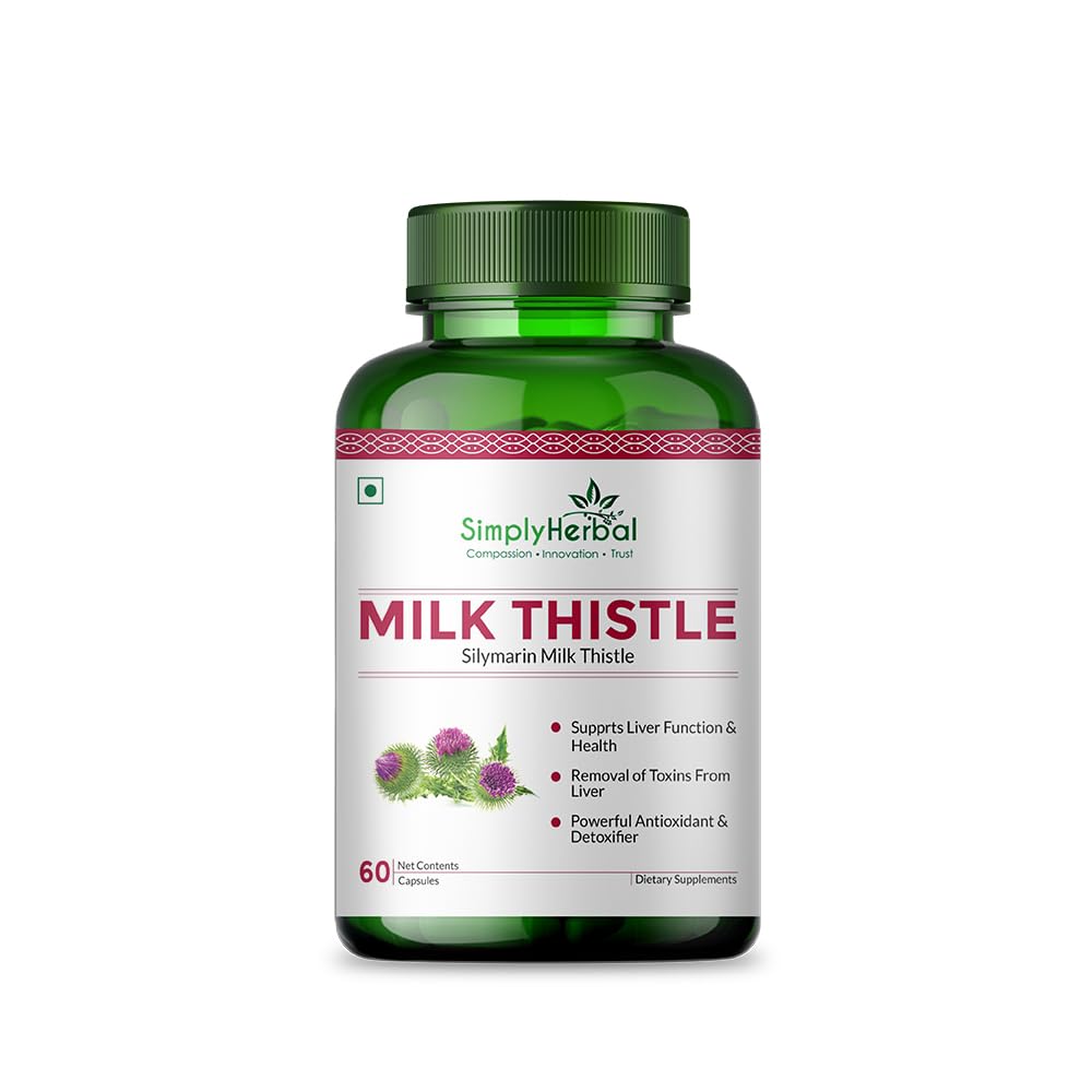 Green supplement bottle labeled 'Milk Thistle' by Simply Herbal on a white background