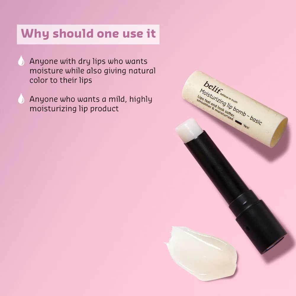 Belif moisturizing lip balm on a pink background with text explaining its use.