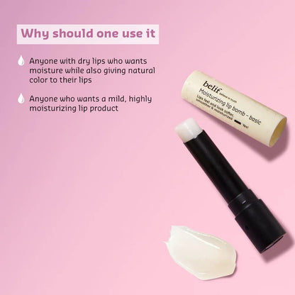 Belif moisturizing lip balm on a pink background with text explaining its use.