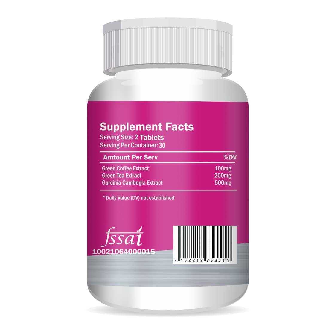 Supplement bottle with pink label and white cap on a white background