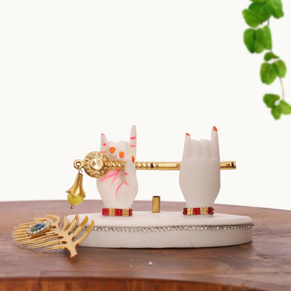Resin Radha Krishna Idol Hands with Golden Flute & Peacock Feather | for Table, Home D�cor Item