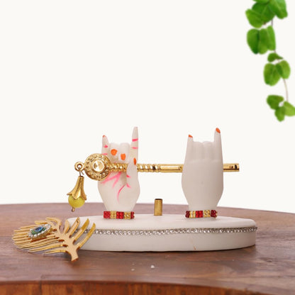 Resin Radha Krishna Idol Hands with Golden Flute & Peacock Feather | for Table, Home D�cor Item