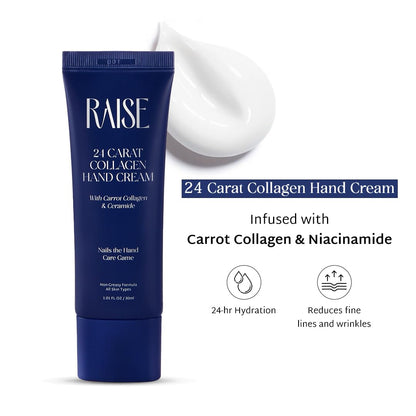 Raise 24 Carat Collagen Hand Cream | Anti-Aging Moisturizer for Hands with Niacinamide, Ceramides & Carrot Collagen | Fades Wrinkles & Fine Lines | 30ml