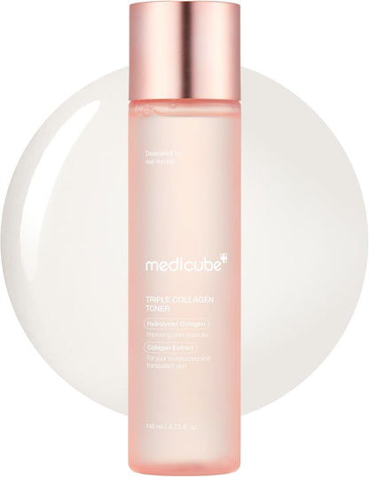 Medicube Triple Collagen Toner - Hydrolyzed, Atelo, & Soluble Collagen for Deep Hydration & Plump Skin - Fast-Absorbing Formula for All-Day Suppleness | 140ml