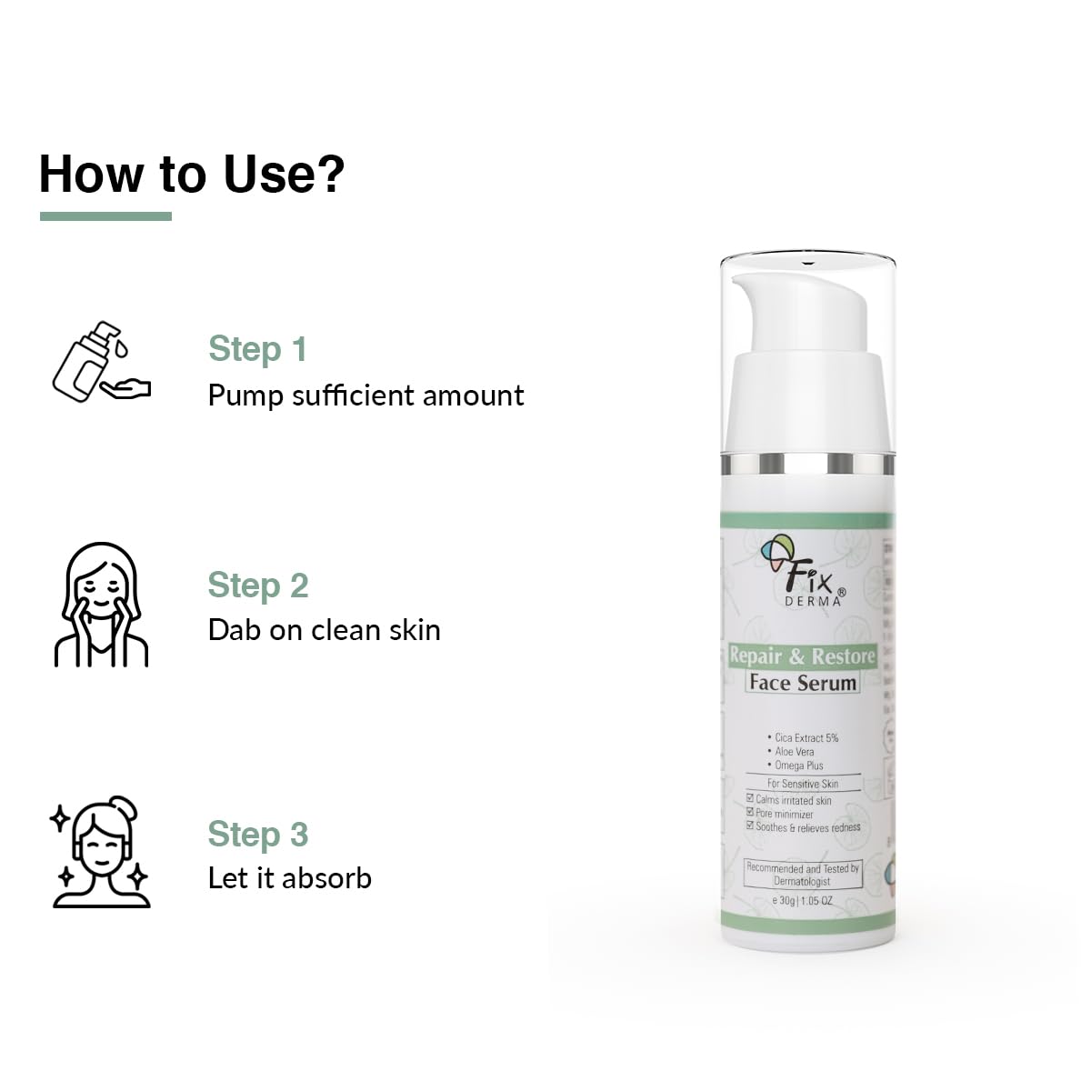 Fixderma 5% Cica Extract Repair & Restore Face Serum for Sensitive Skin | Aloevera Face Serum | Cica Glow Face Serum with Omega Plus | Face Serum for Men & Women - 30gm