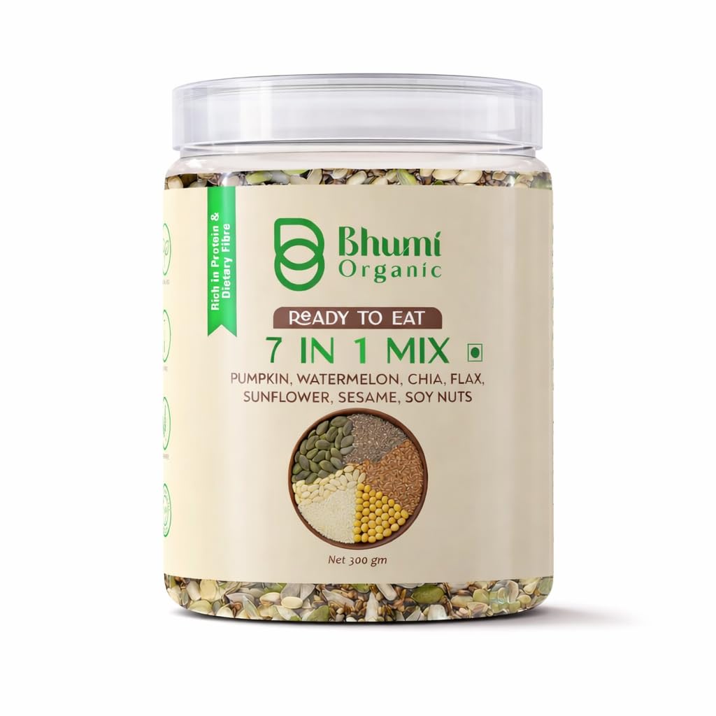 Bhumi Organic 7 in 1 Seeds Mix 300g | Pumpkin, Watermelon, Sunflower, Flax, Chia, Sesame & Soynuts, Edible Seeds, Healthy Diet Snacks, 100% Natural