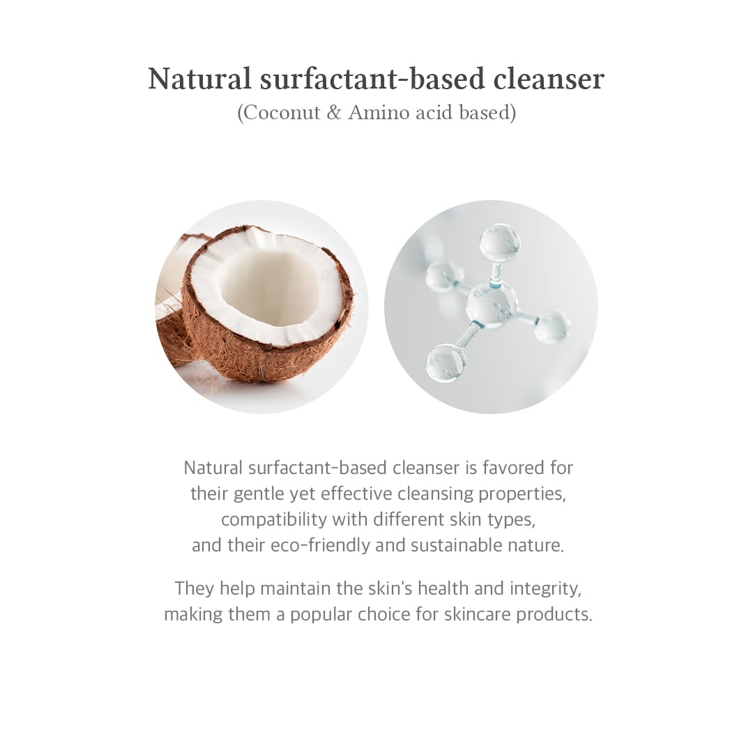 Advertisement for natural surfactant-based cleanser with coconut and molecular structure illustration on a white background.