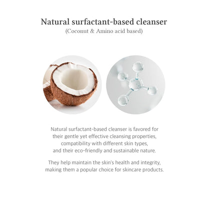 Advertisement for natural surfactant-based cleanser with coconut and molecular structure illustration on a white background.