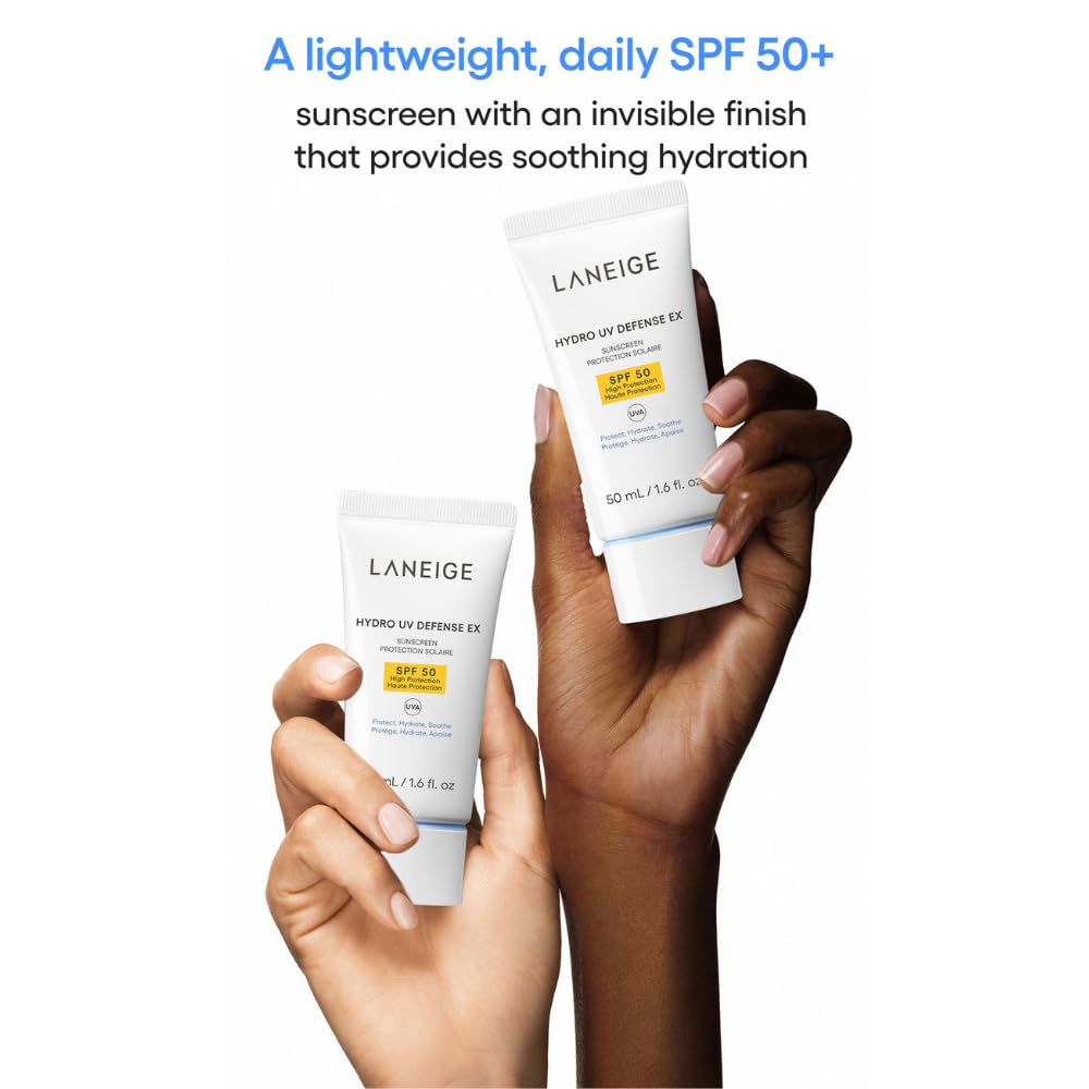 Two hands holding Laneige sunscreen tubes with product details on a white background