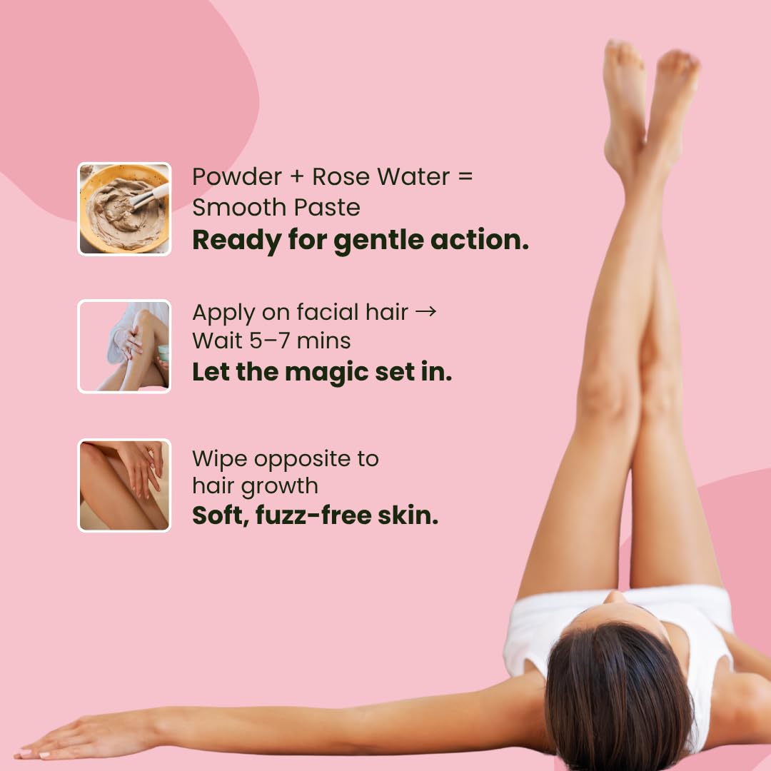 Advertisement for a hair removal product with text and images on a pink background