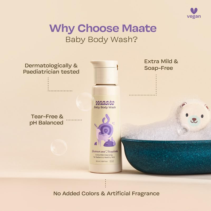 Maate Baby Body Wash | With Ayurvedic Herbs Beetroot, Manjistha & Neem extracts | Body Wash for Dry & Sensitive Skin | Natural & Vegan | Tear-free & pH Balanced | Soap Free (50ml (Pack of 1))