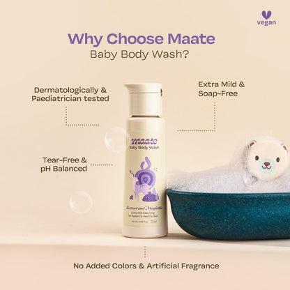 Maate Baby Body Wash | With Ayurvedic Herbs Beetroot, Manjistha & Neem extracts | Body Wash for Dry & Sensitive Skin | Natural & Vegan | Tear-free & pH Balanced | Soap Free (50ml (Pack of 1))