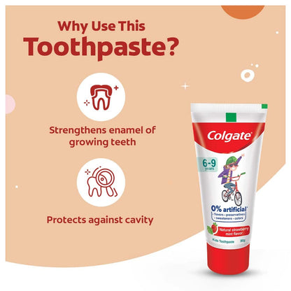 Colgate Toothpaste For Kids (6-9 Years), Natural Strawberry Mint Flavour, 0% Artificial, Oral Care - 80G Tube & Kids Batman Toothbrush, Extra Soft With Tongue Cleaner (Pack Of 3)