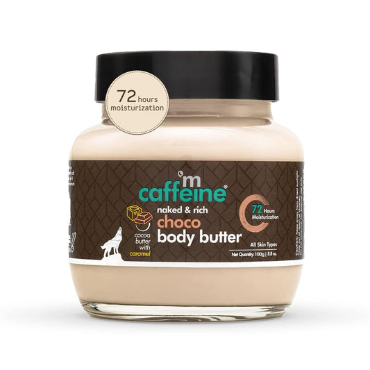 Jar of caffeine body butter with a brown label on a white background