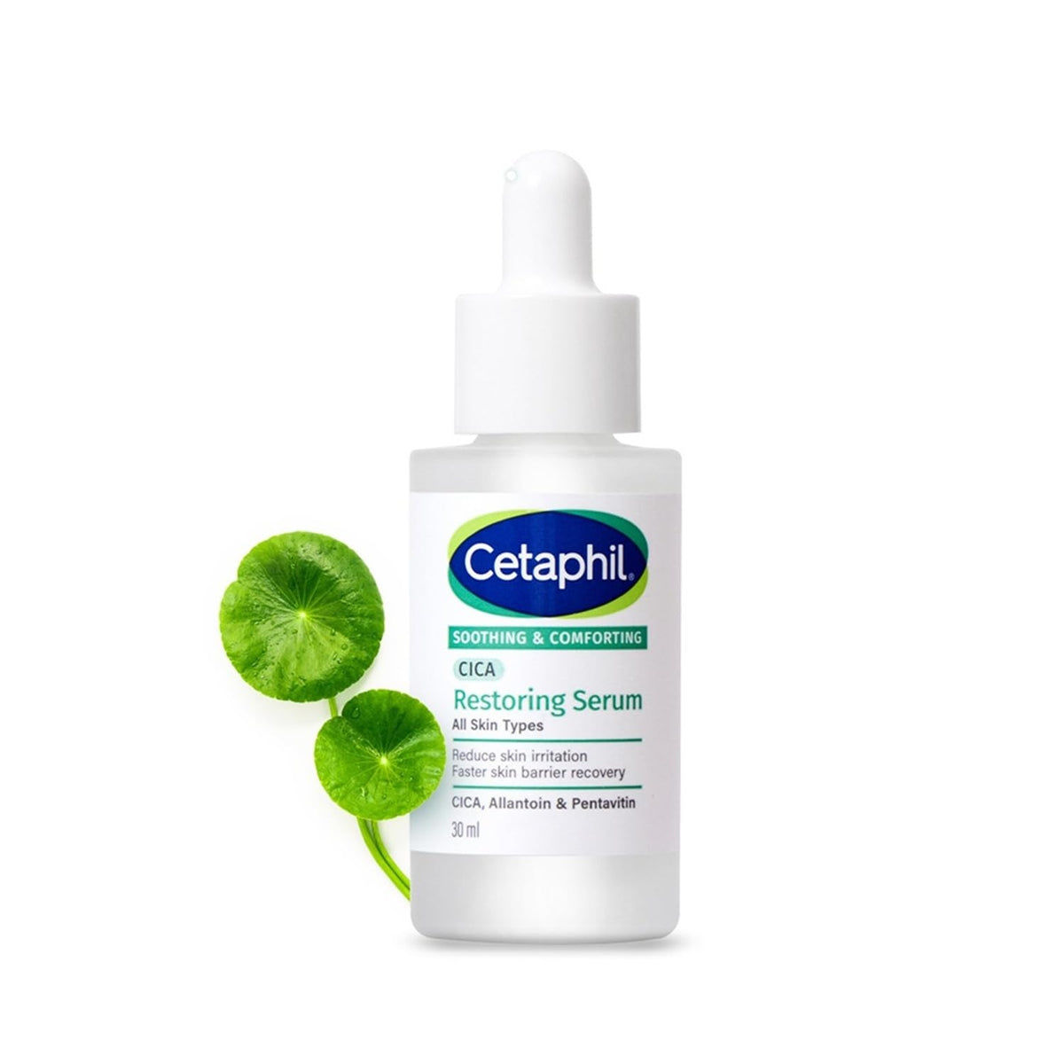 Cetaphil CICA Restoring Serum bottle with green leaves on a white background