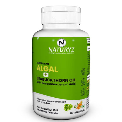 Naturyz Vegetarian Omega 3 Algae + Sea buckthorn Oil Capsules 1120mg | Highest Strength DHA 400mg | Gelatin Free, No Burps, No Fish Oil | Supports Healthy Heart, Skin, Brain & Gut | Plant source for Men & Women | 10 Liquid fill Capsules