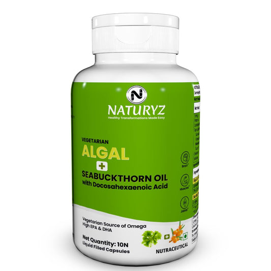 Naturyz Vegetarian Omega 3 Algae + Sea buckthorn Oil Capsules 1120mg | Highest Strength DHA 400mg | Gelatin Free, No Burps, No Fish Oil | Supports Healthy Heart, Skin, Brain & Gut | Plant source for Men & Women | 10 Liquid fill Capsules