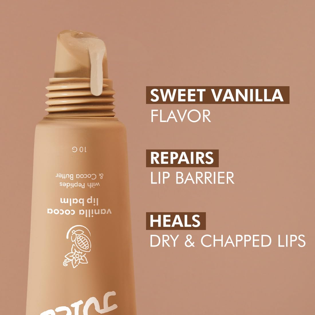Lip balm bottle with text highlighting sweet vanilla flavor, benefits, and brand name on a brown background