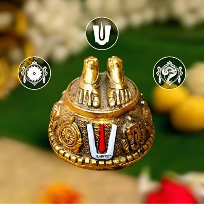 Gold Art India Lord Balaji Charan Paduka 24 kt Gold Matte Finish Vishnu Charan Paduka for Pooja Room/Balaji for car Venkateswara Swamy Feet with Shanku Chakra Namam Best Gifting (Gold Plated 2 Inch)