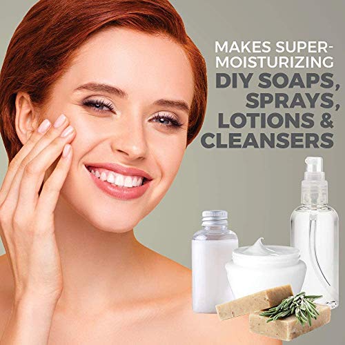 Woman touching her face with skincare products and text on a gray background
