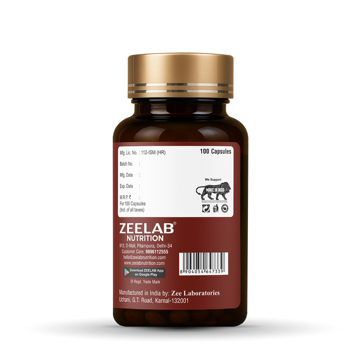 Brown supplement bottle with gold cap on a white background, featuring Zeelab Nutrition branding.
