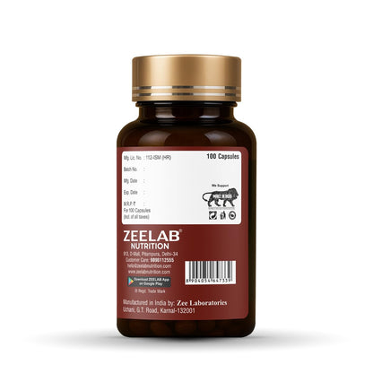 Brown supplement bottle with gold cap on a white background, featuring Zeelab Nutrition branding.