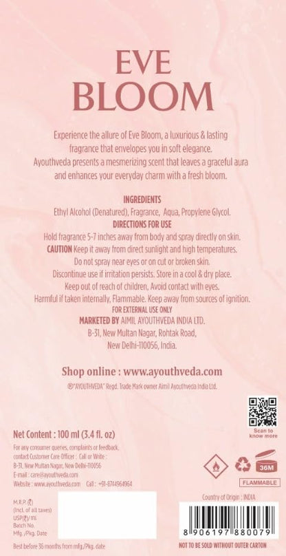 Ayouthveda Eve Bloom Eau De Parfum for Women | Long-Lasting Floral Luxury Perfume | Fresh Green, Gardenia Jasmine, Amber Accord & White Musk | Elegant Daily Wear Fragrance | 100ml