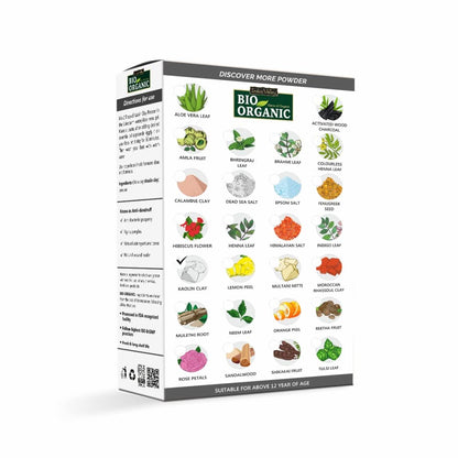 Bio Organic product packaging with various herbs and ingredients on a white background