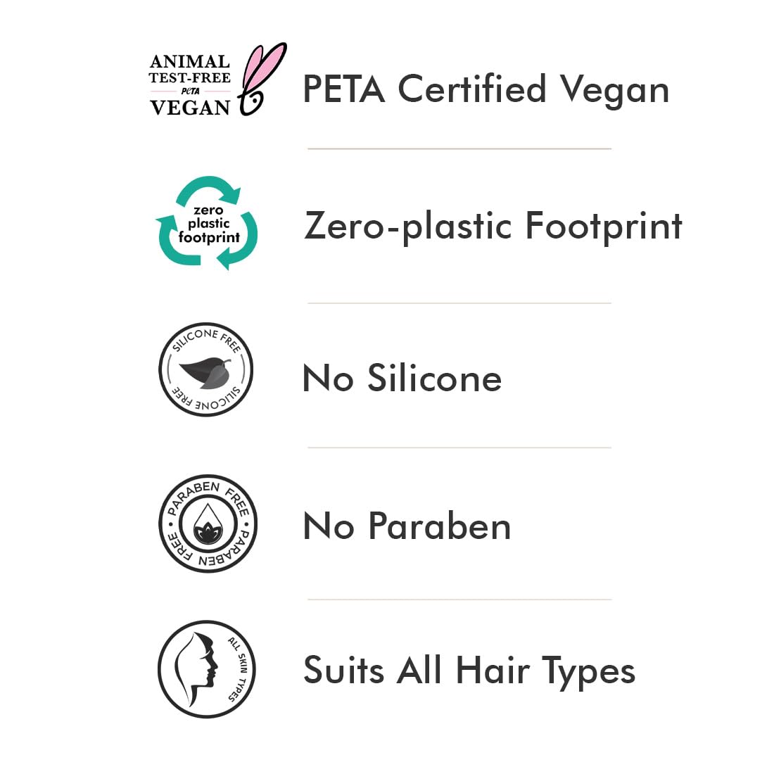 List of product features including PETA certification, zero-plastic footprint, no silicone, no paraben, and suitability for all hair types on a white background.