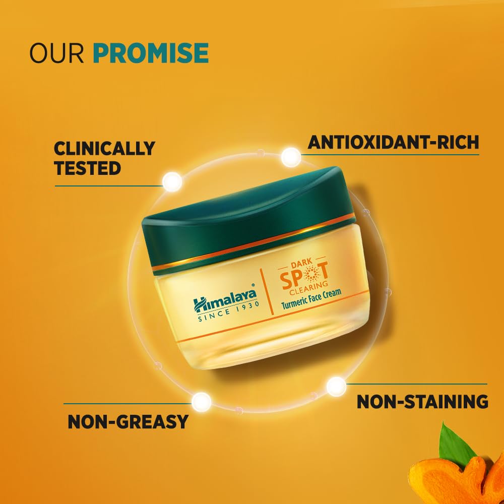Himalaya Dark Spot Clearing Turmeric Face Cream jar on a yellow background with text highlighting features.