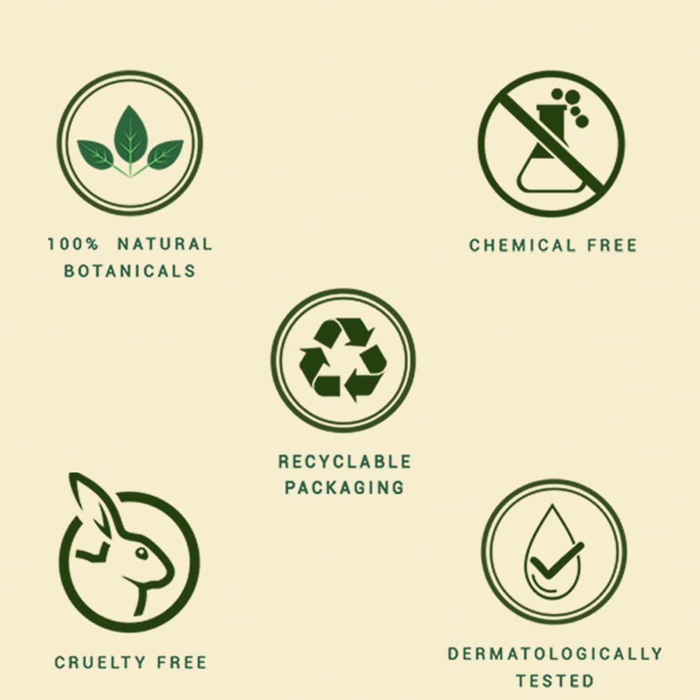 Set of green icons representing various product attributes on a beige background