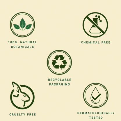 Set of green icons representing various product attributes on a beige background
