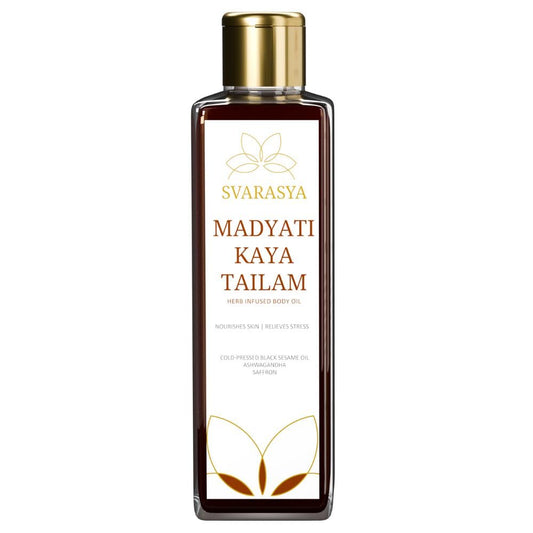 Svarasya Madyati Kaya Tailam - Ayurvedic Abhyanga with Natural Ingredients (Ashwagandha, Vetiver, Saffron) for Refreshed, Bright and Freely Breathing skin (Oil, 100 ml)
