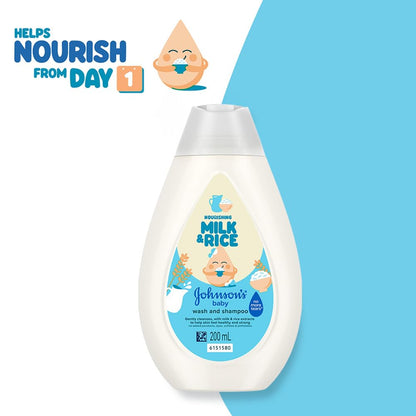 Johnson's Baby Milk & Rice Wash & Shampoo 200ml | 2-in-1 Baby Cleanser | No More Tears | With Milk Protein, Rice Extracts & Multivitamins | Hypoallergenic, pH Balanced | No Parabens, Sulphates or Dyes