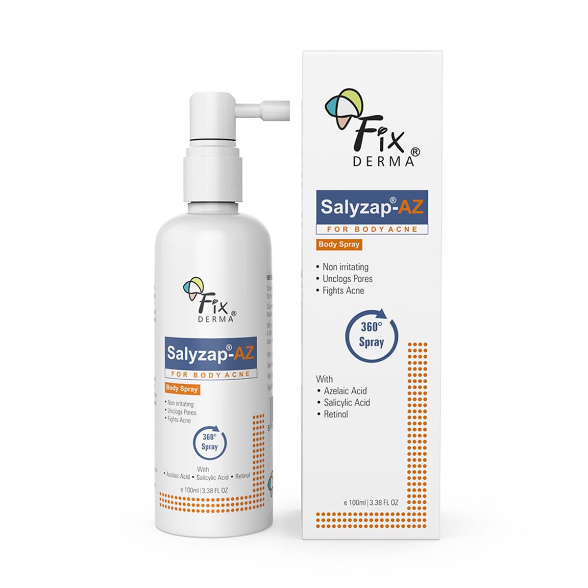 Fixderma Salyzap-Az 2% Salicylic Acid + 2% Azelaic Acid Body Acne Treatment Unscented Spray For Acne On Body Parts Like Back, Upper Arms | Paraben Free | Unclog Pores - 100ml