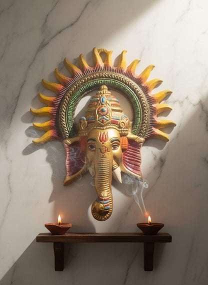 Traditional Handcrafted Ganesha Wall Decor, Metal Elephant God Sculpture with Sunburst Design, Gold and Multicolor, Religious Hindu Art