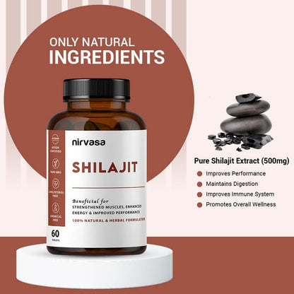 Nirvasa Shilajit Tablets (500mg, 60 Tab) | Pure Himalayan Shilajeet Extract | Supports Muscle Strength, Stamina, Endurance & Energy | Improves Performance, Vitality & Immunity | Men & Women