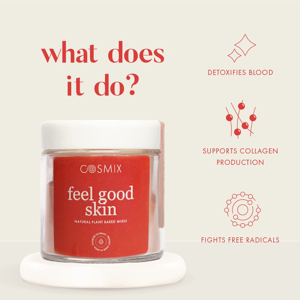 Cosmix feel good skin product with benefits listed on a light beige background